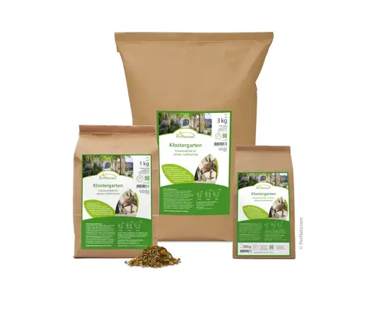 PerNaturam Klostergarten 1kg: artenreiche Kräutermischung zur Unterstützung von Vitalität und Stoffwechsel beim Pferd. Jetzt bei imFUTTERSACK in der Schweiz.