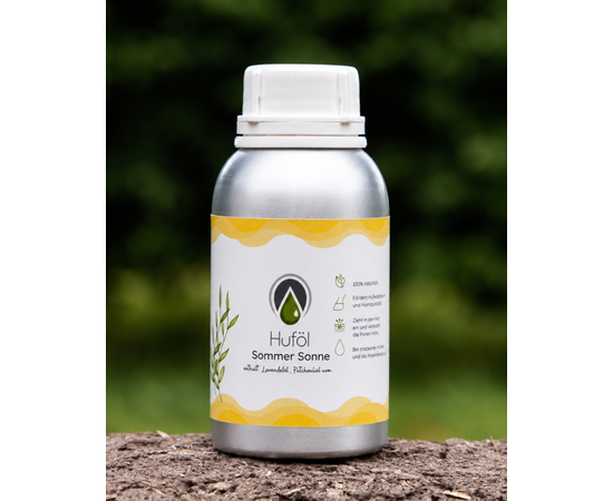 Sommer-Edition: Hufpflegeöl für trockene Sommerhufe, mit feinen Rissen & natürlichem Insektenschutz, 250ml. Bei imFUTTERSACK in der Schweiz bestellen.